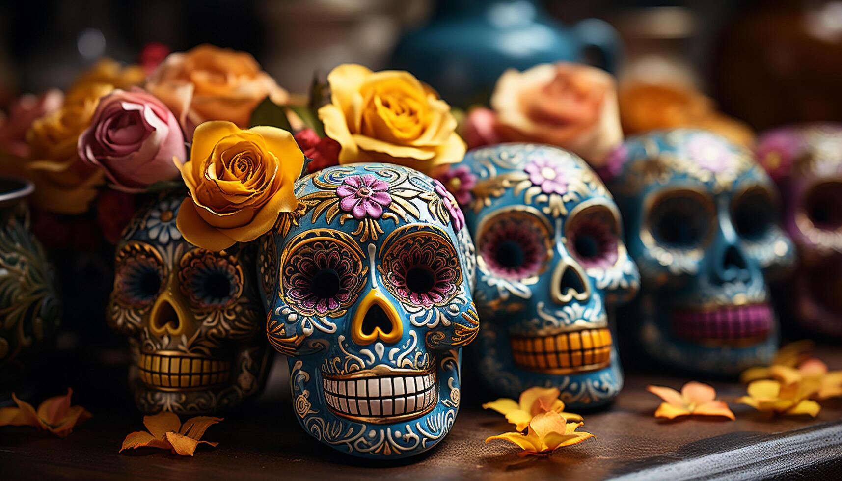 AI generated Day of the Dead celebration colorful decorations, spooky skulls generated by AI photo