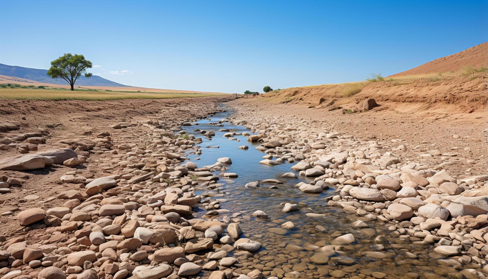 ai generado tranquilo puesta de sol terminado seco africano paisaje, naturaleza belleza en calor generado por ai foto