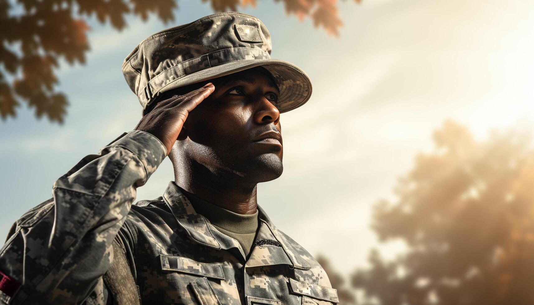 AI generated Young adult army soldier standing in forest, looking at camera generated by AI photo