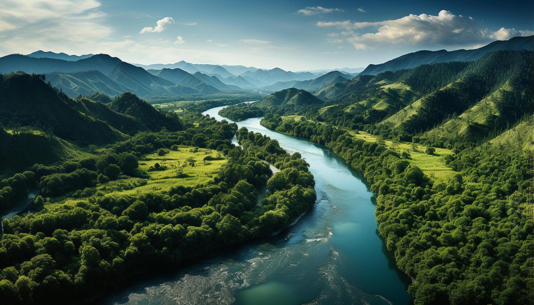 AI generated Mountain landscape, outdoors green meadow, blue sky, tranquil reflection generated by AI photo