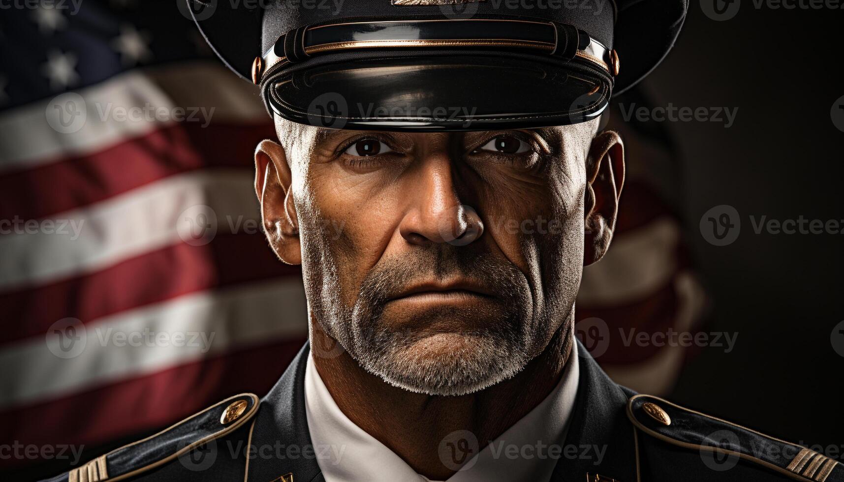 AI generated Confident American veteran, serious, wearing military uniform, looking at camera generated by AI photo