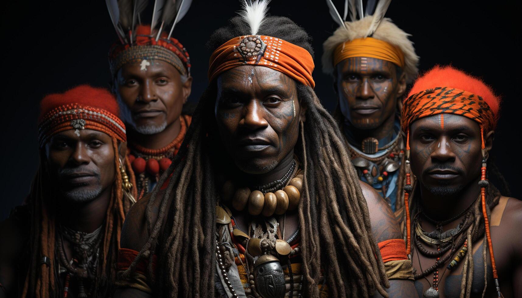 AI generated African men and women in traditional clothing celebrate indigenous culture generated by AI photo