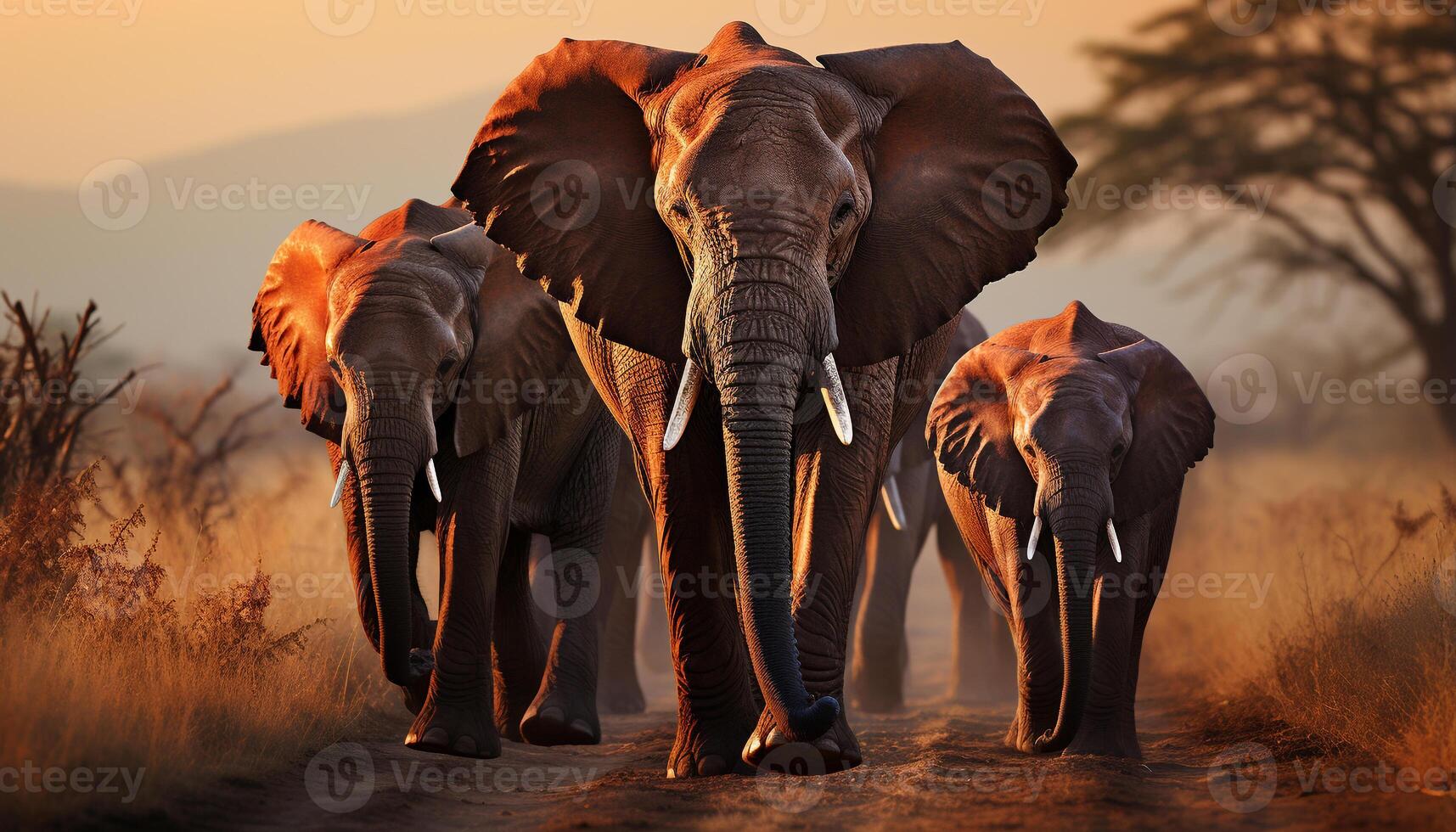 AI generated Elephants roam freely in Africa wilderness, a majestic sight generated by AI photo