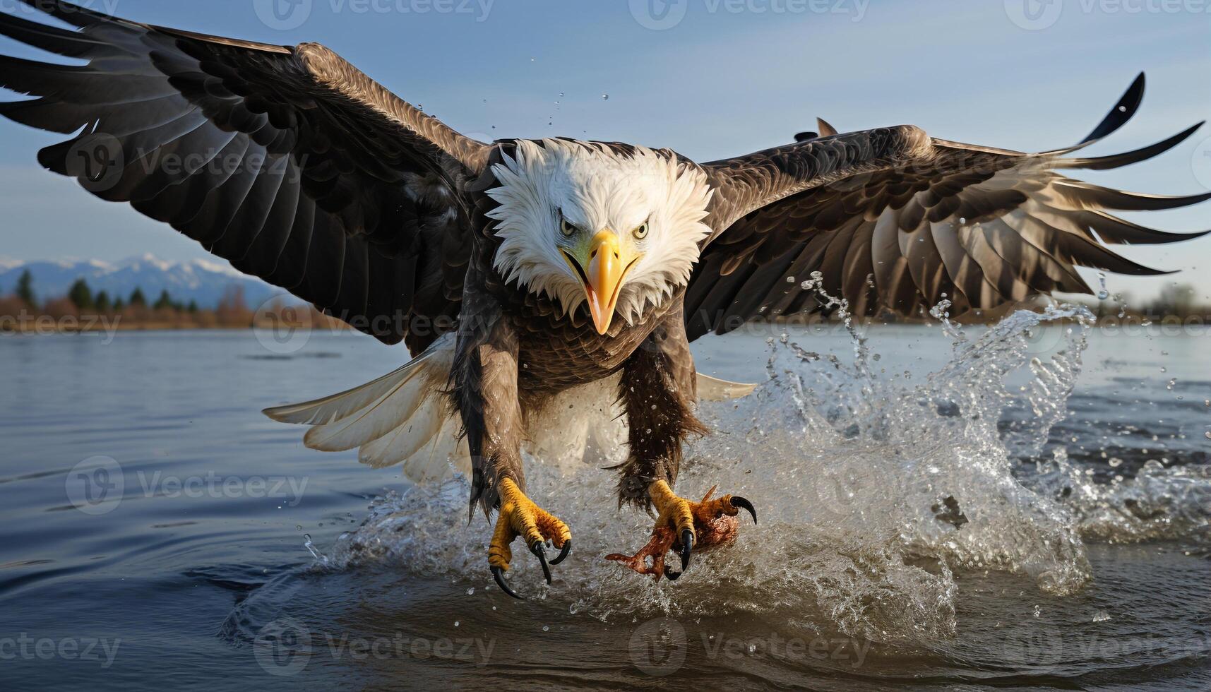 ai generado calvo águila altísimo, extensión alas, capturar pescado en medio aire generado por ai foto