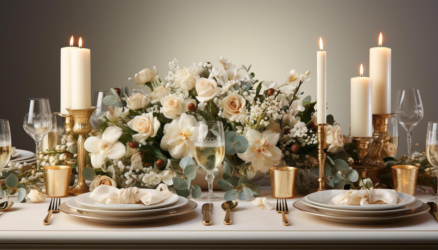 AI generated Elegant wedding table with silverware, candle, and flower arrangement generated by AI photo