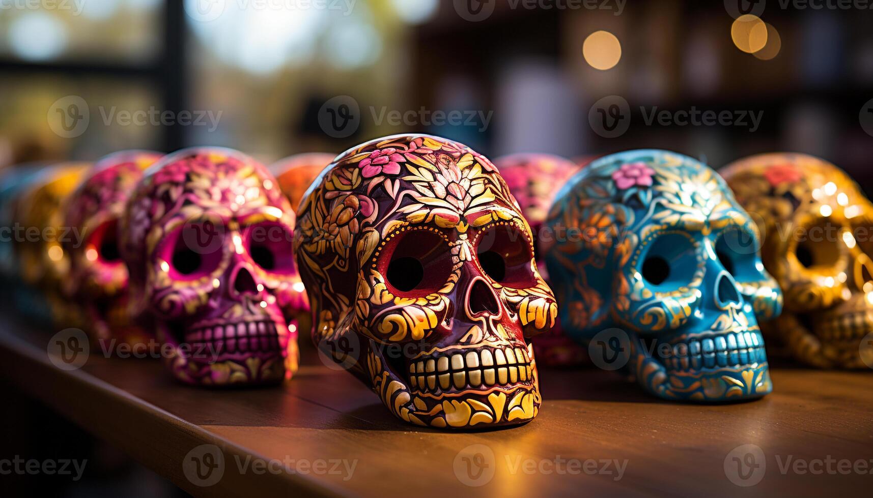 AI generated Day of the Dead celebration colorful sugar skull decorations generated by AI photo