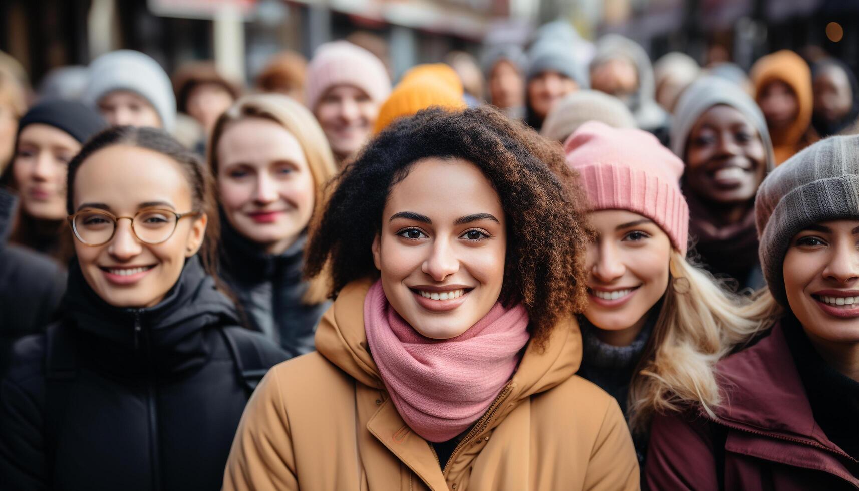 AI generated A cheerful group of young adults smiling outdoors in winter generated by AI photo