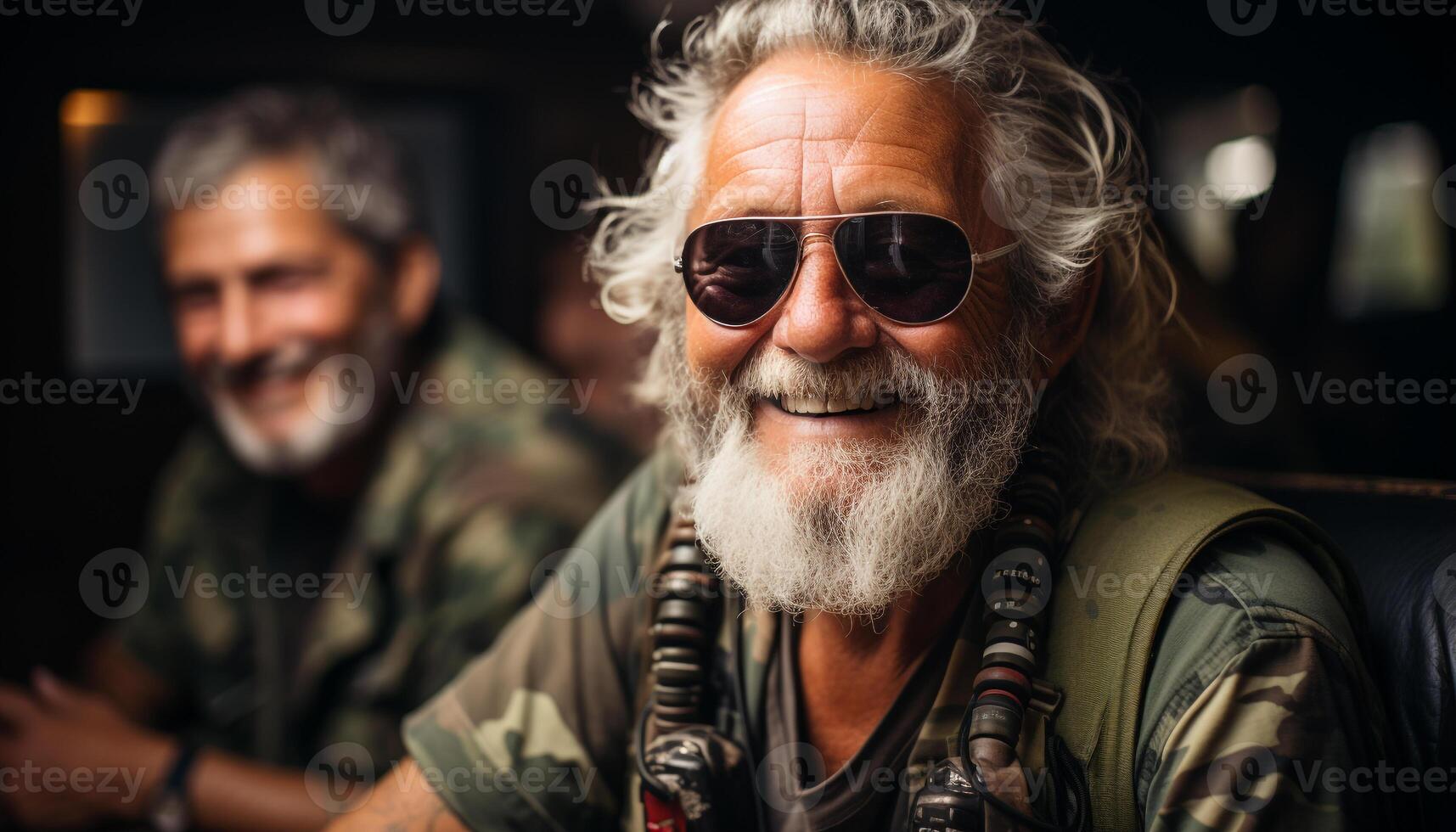 AI generated Two senior men sitting outdoors, smiling, looking at camera generated by AI photo