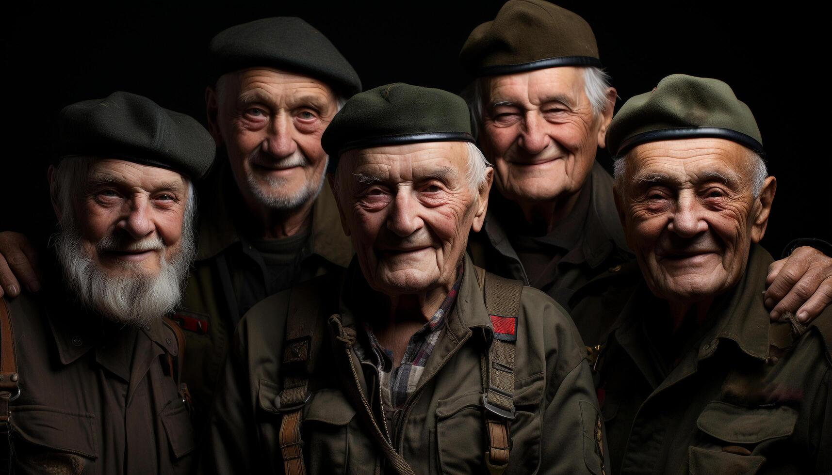 ai generado mayor hombres en militar uniforme, sonriente, celebrando con camaradería generado por ai foto