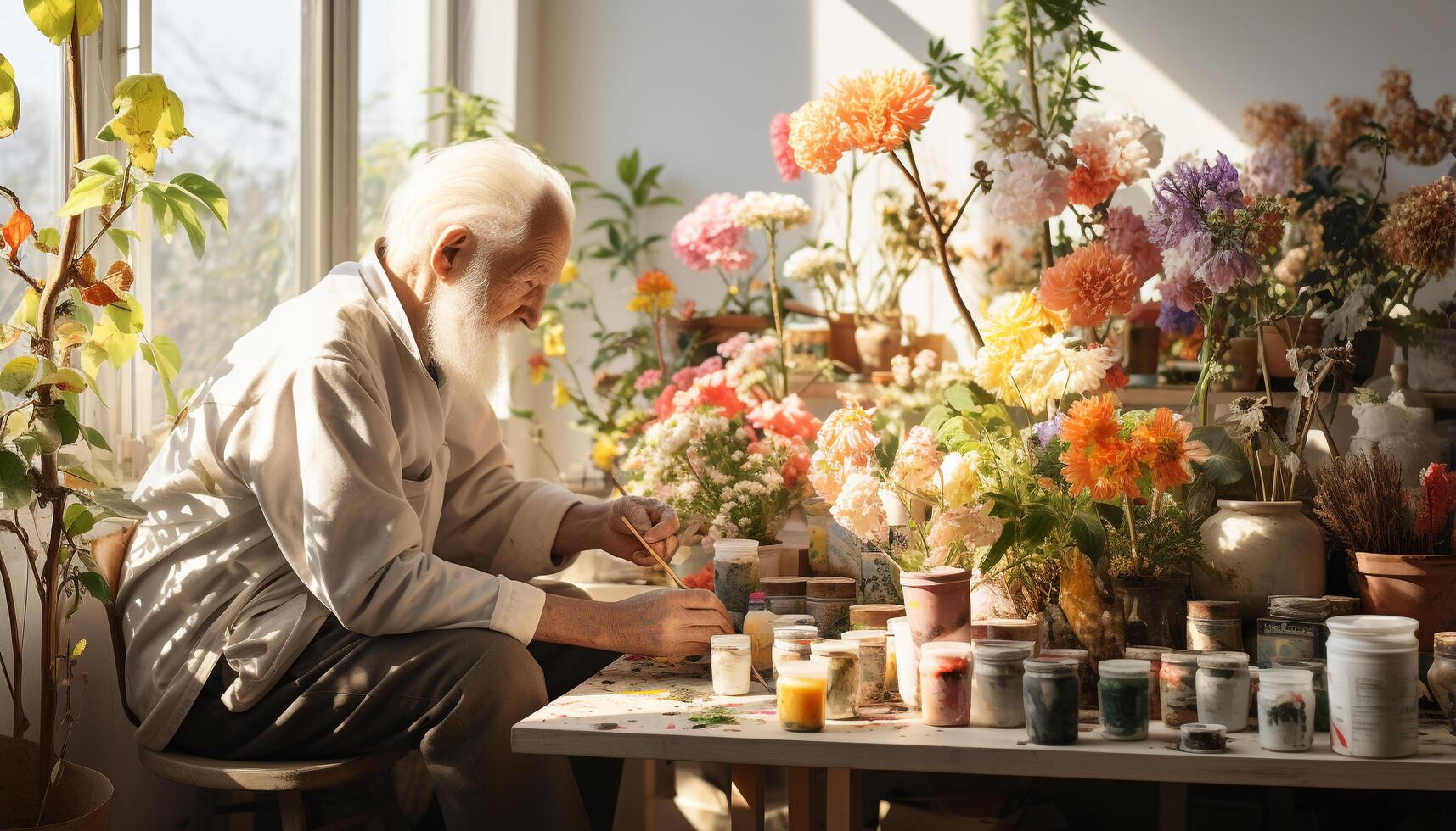 AI generated Senior man working on pottery, holding flower pot, smiling generated by AI photo