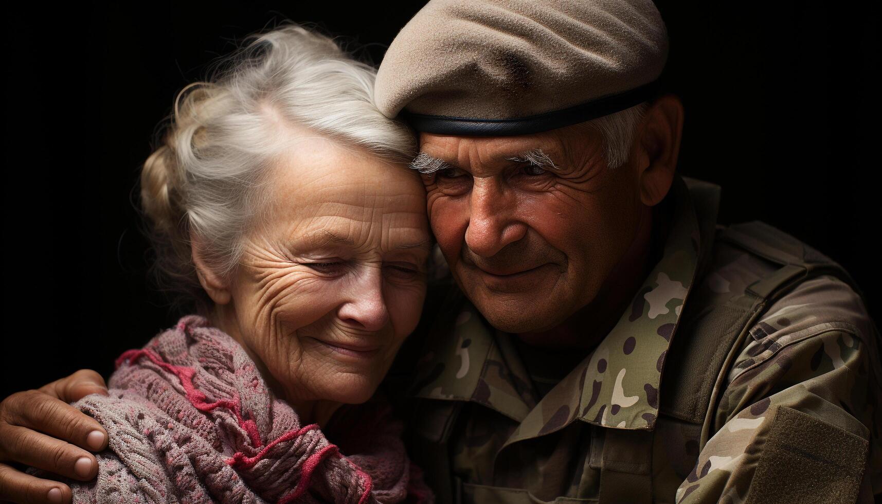 AI generated Senior couple embracing, smiling, in love, enjoying retirement outdoors generated by AI photo