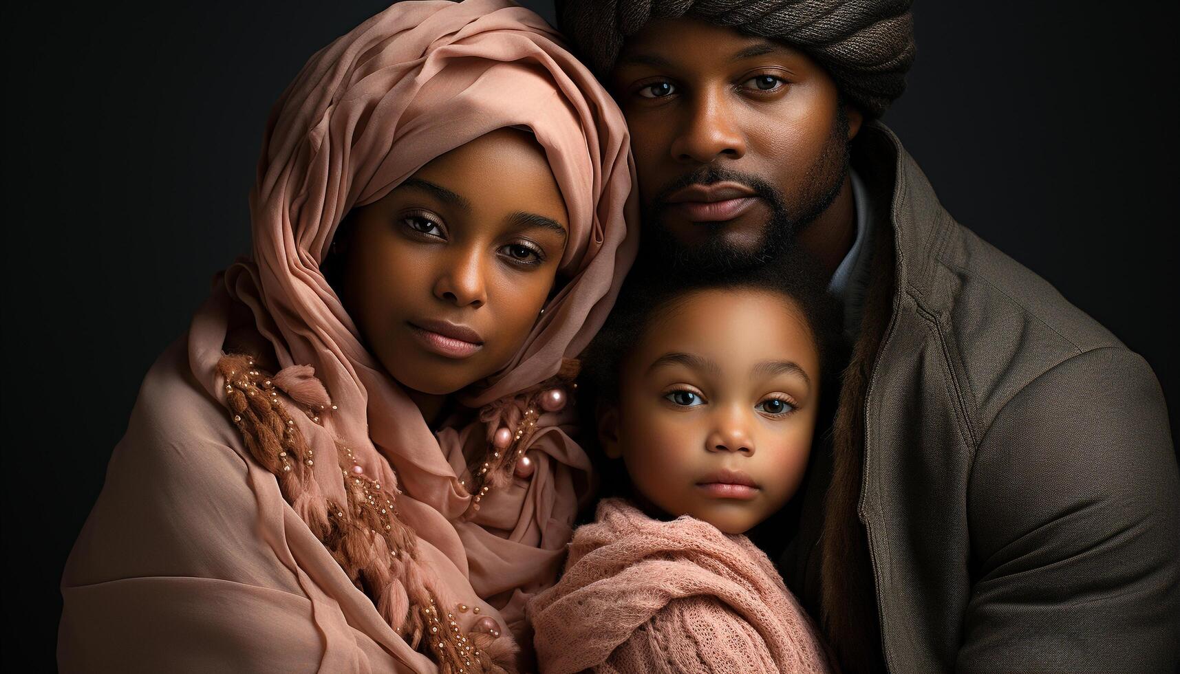 AI generated African family smiling, embracing, love, happiness, togetherness, innocence, affectionate generated by AI photo