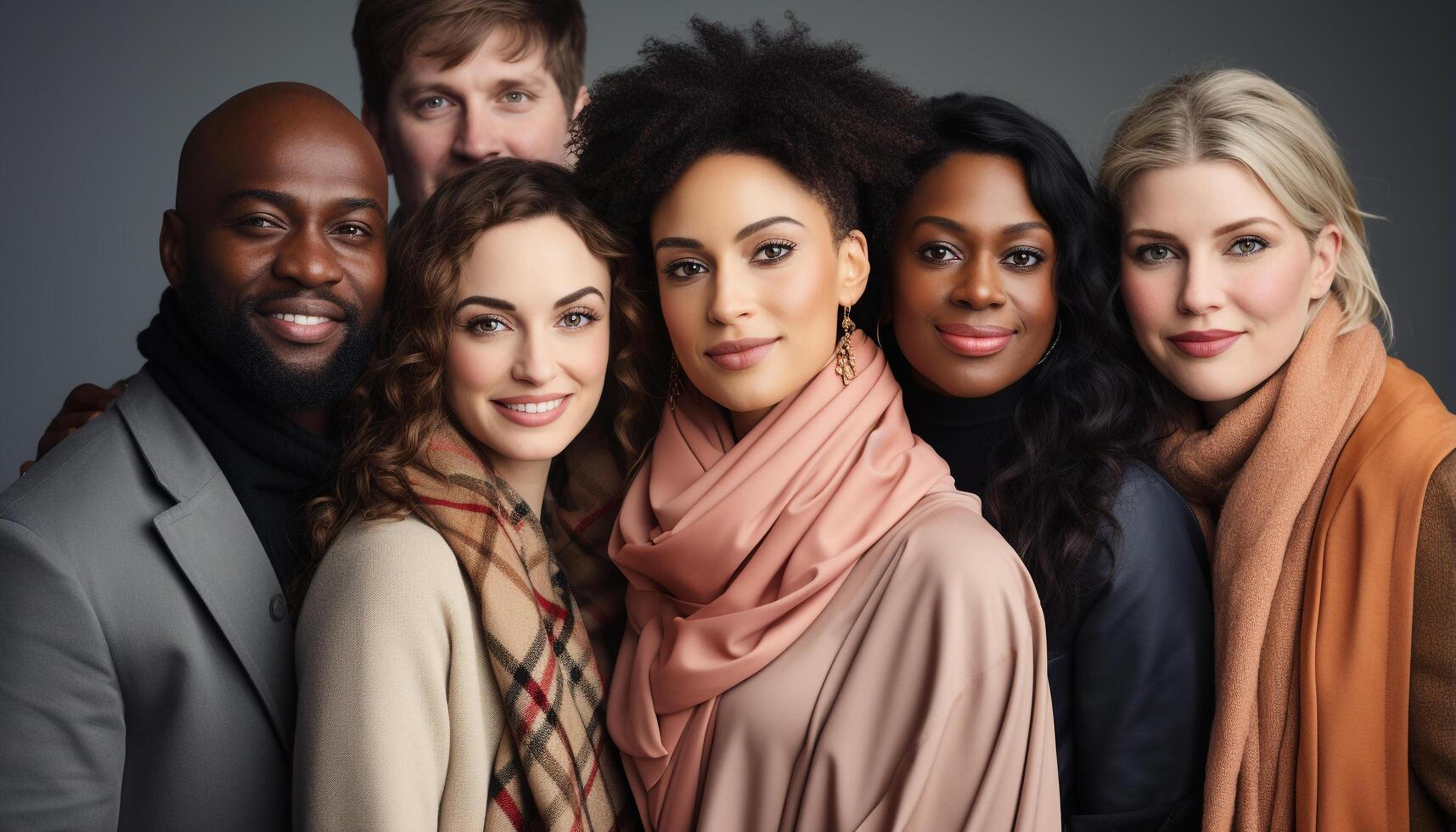 AI generated Group of young adults, smiling, looking at camera, radiating happiness generated by AI photo