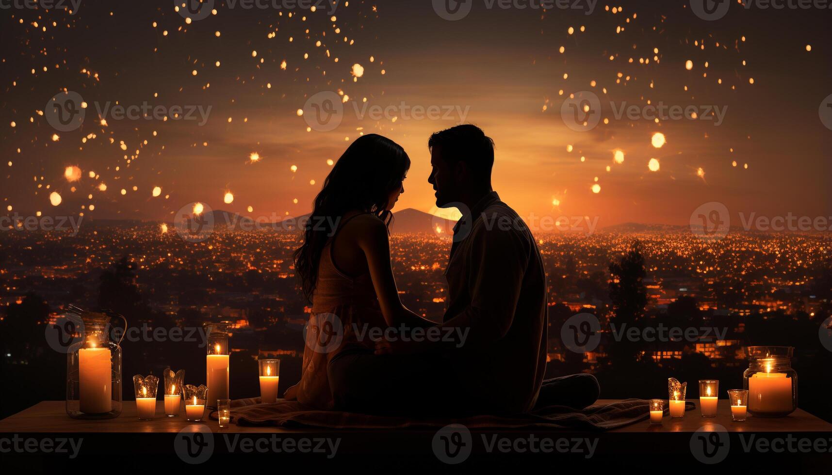 AI generated A married couple embraces, celebrating love with candlelight and smiles generated by AI photo