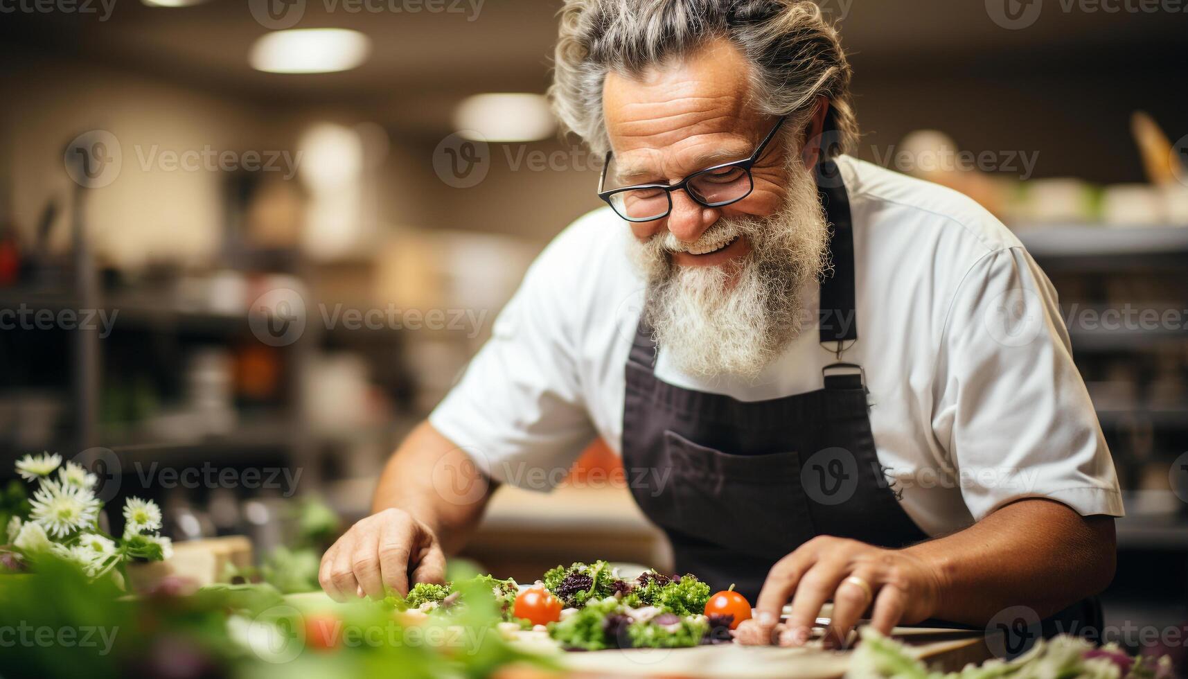 AI generated Smiling man preparing fresh salad in domestic kitchen generated by AI photo