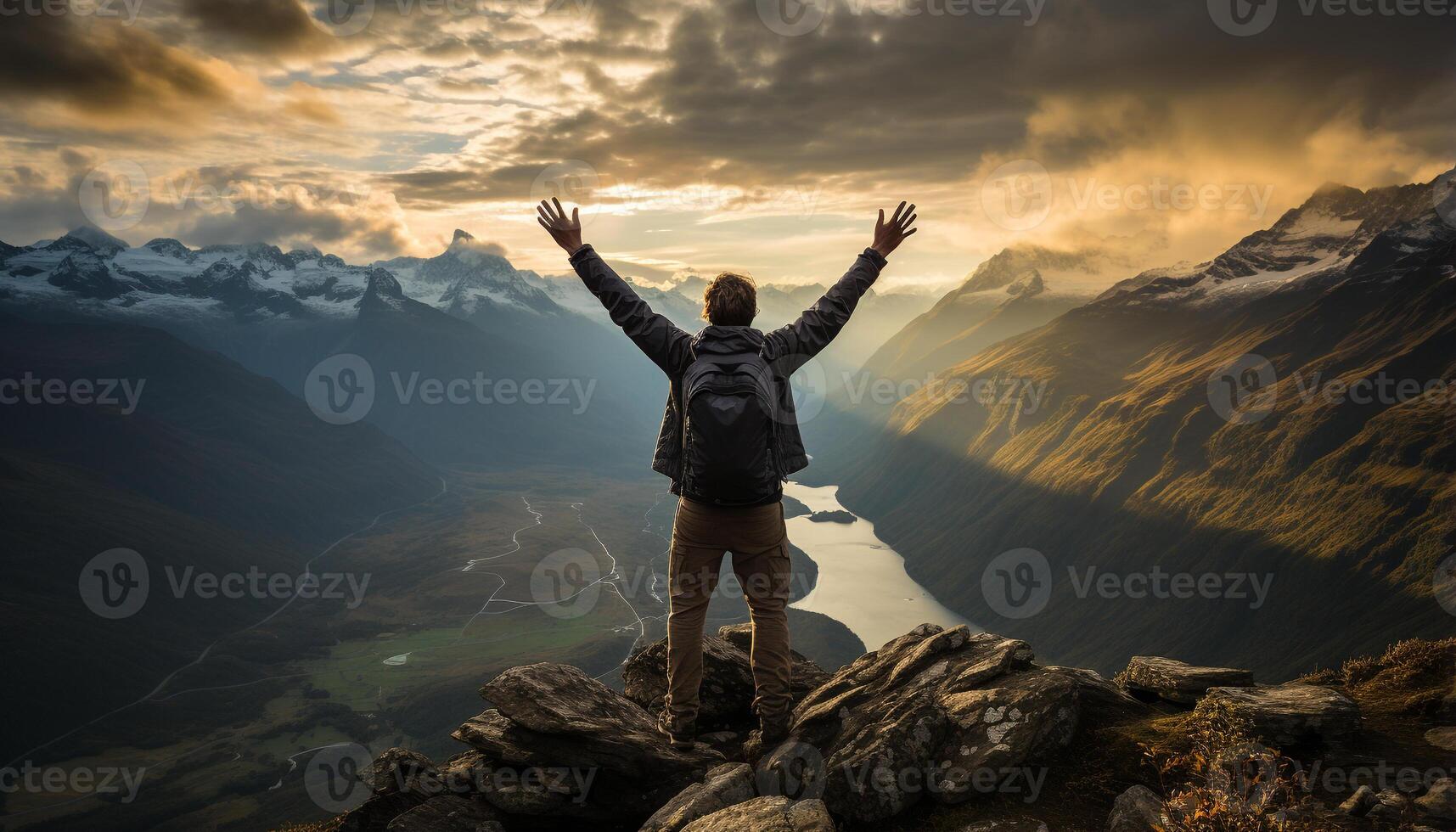 AI generated One person standing on top of mountain, arms outstretched, cheering generated by AI photo