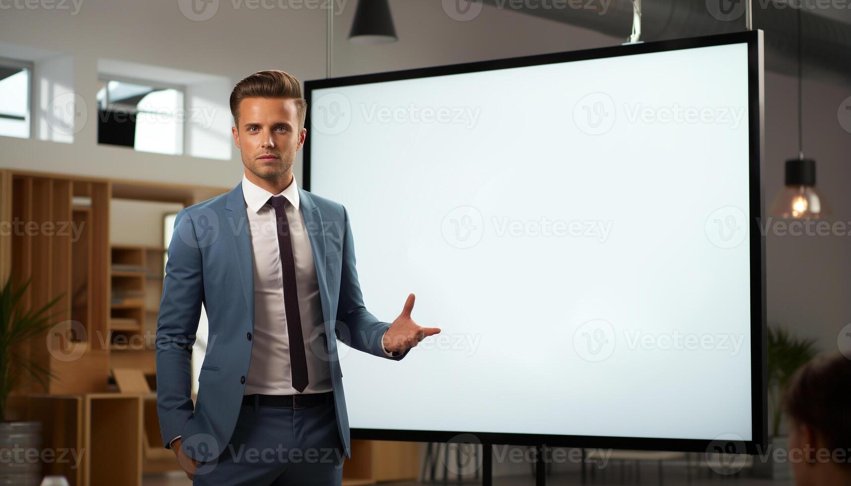 AI generated Confident businessman presenting, showing expertise, leading successful corporate business generated by AI photo