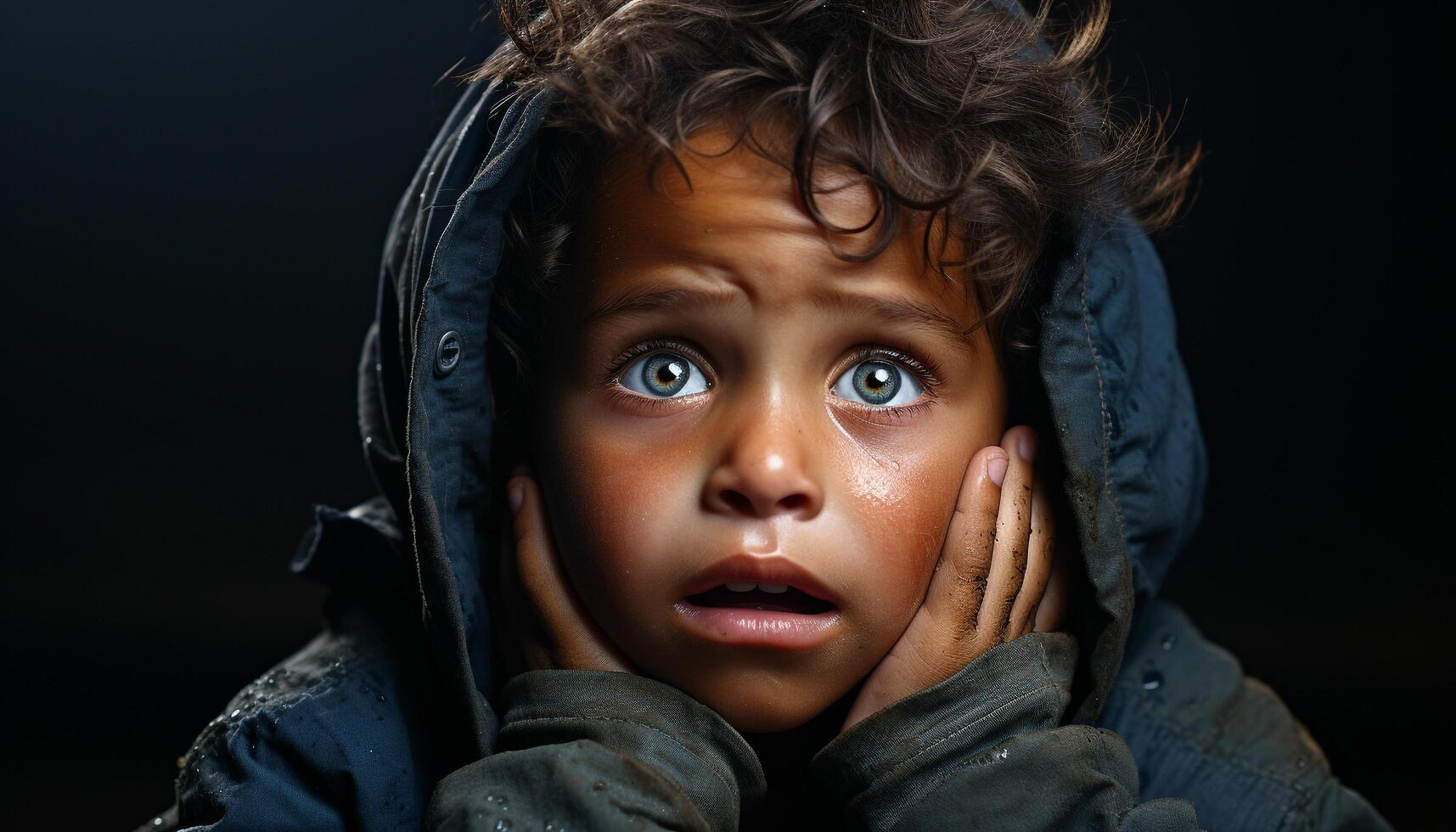 AI generated Cute boy looking sad, wet, in black background studio shot generated by AI photo