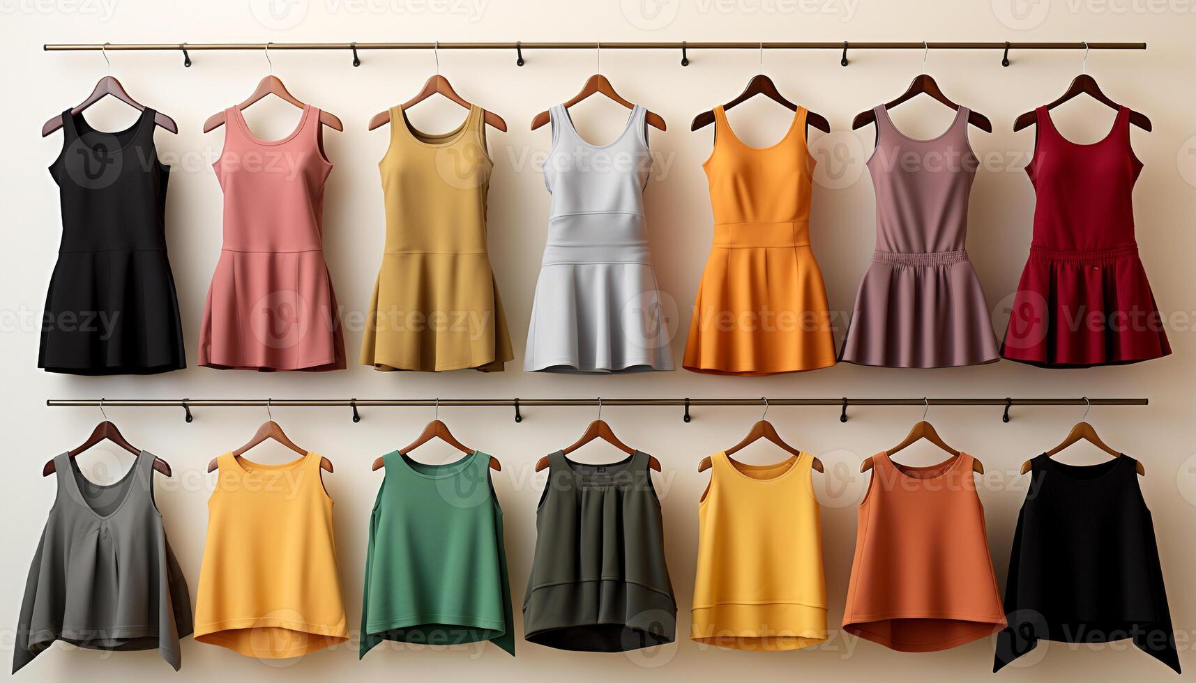 AI generated Fashionable clothing collection hanging in a modern boutique store generated by AI photo