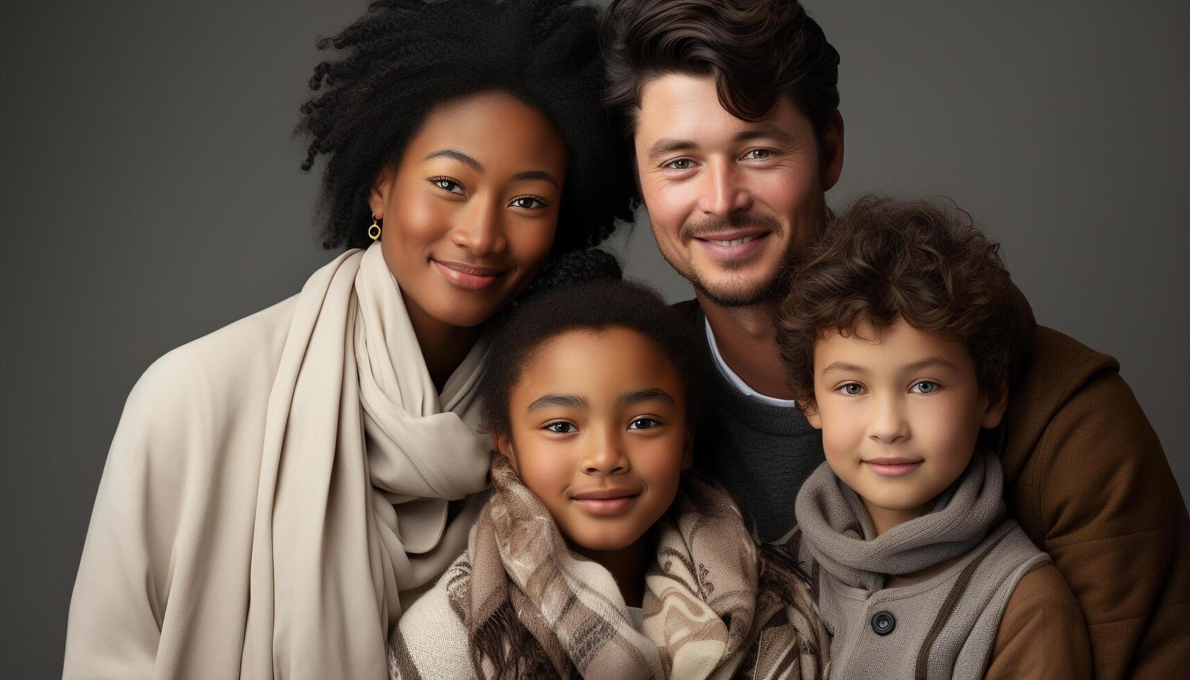 AI generated Smiling family, embracing love, happiness in a portrait of togetherness generated by AI photo