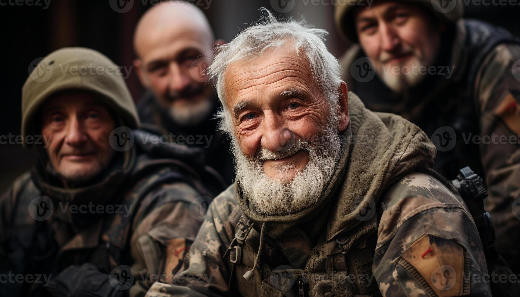 AI generated A group of smiling men in military uniform, looking at camera generated by AI photo