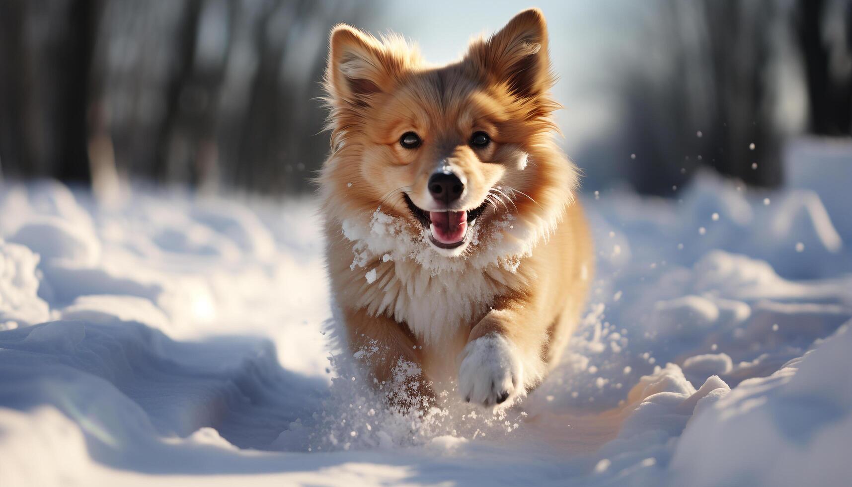 AI generated Cute puppy playing in the snow, purebred dog enjoying winter generated by AI photo