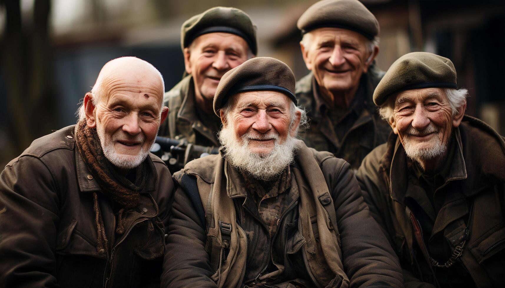 AI generated A group of smiling men in military uniform outdoors generated by AI photo