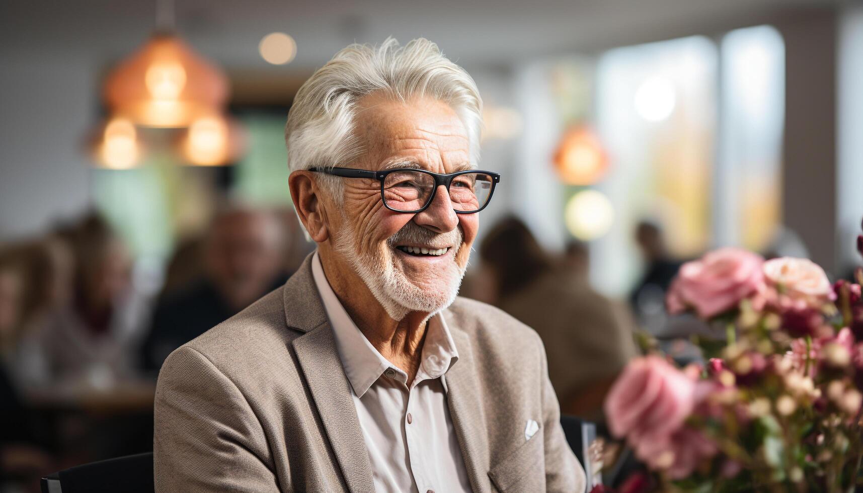 ai generado un alegre mayor hombre con gris pelo sonriente a el cámara generado por ai foto