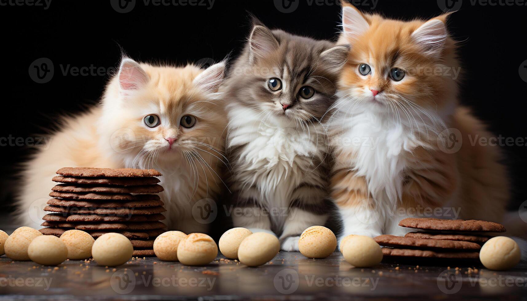 AI generated Cute kitten sitting, looking at camera, eating cookie indoors generated by AI photo