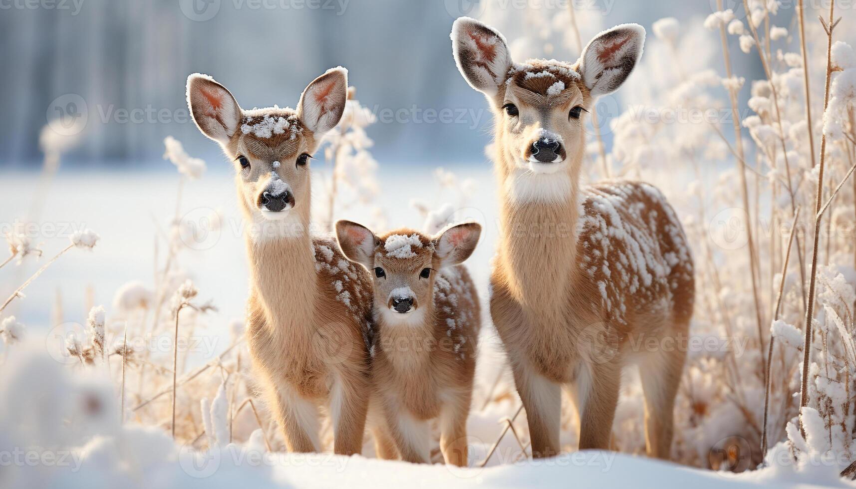 AI generated Cute young deer standing in snowy meadow, looking at camera generated by AI photo