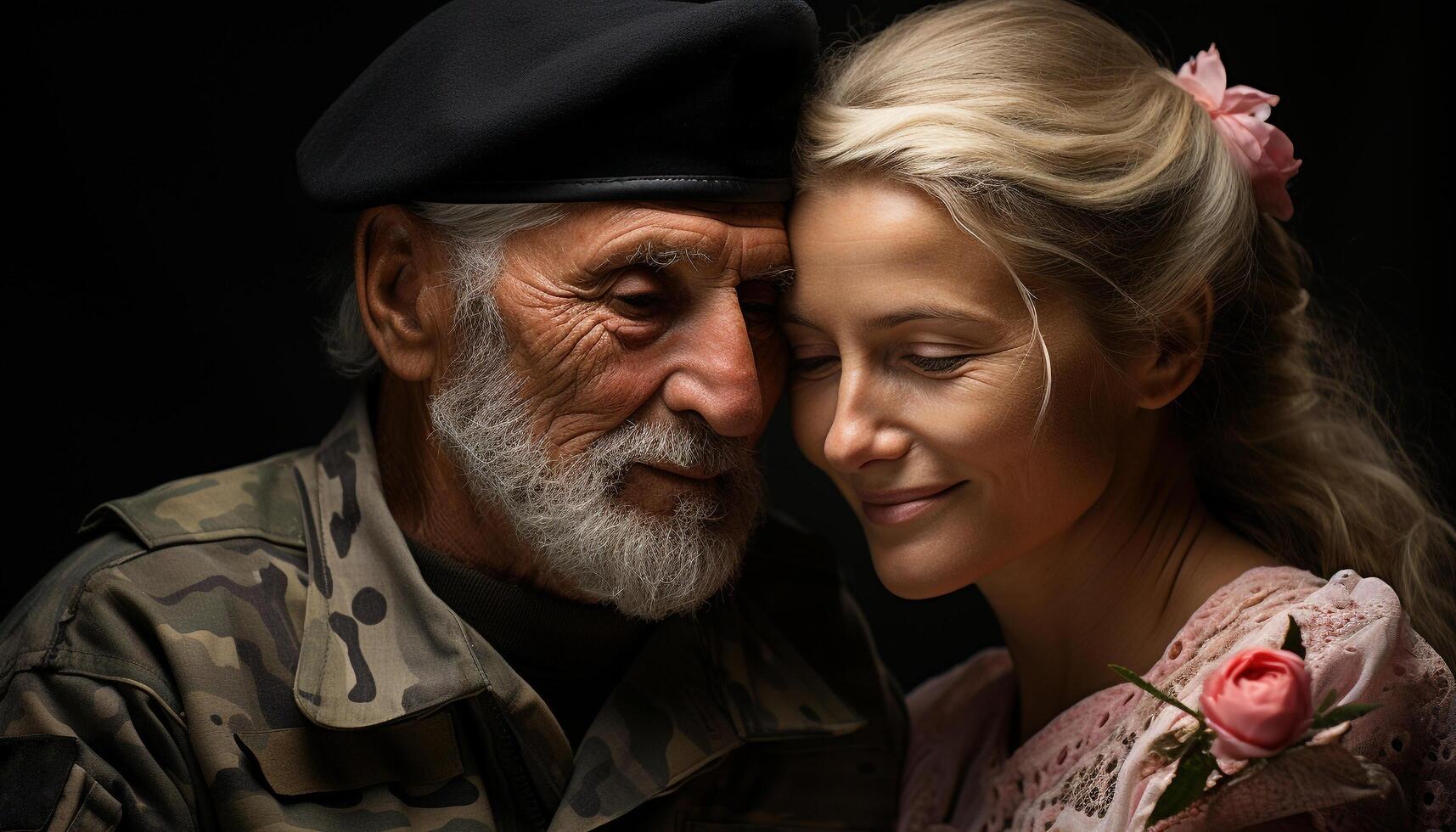 AI generated A loving family embraces, celebrating retirement, in nature beauty generated by AI photo