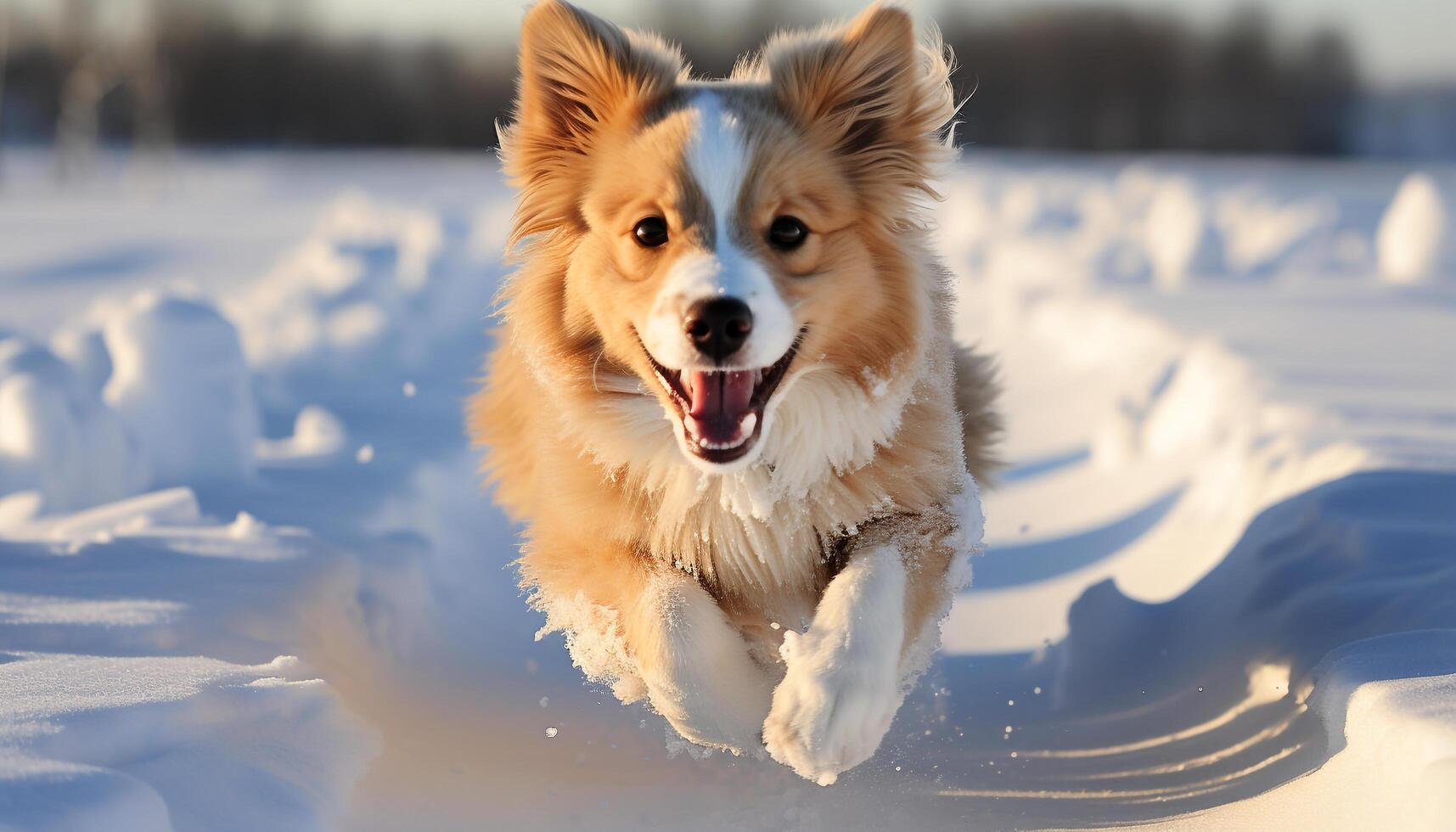 ai generado linda perrito jugando en el nieve, de pura raza australiano pastor generado por ai foto