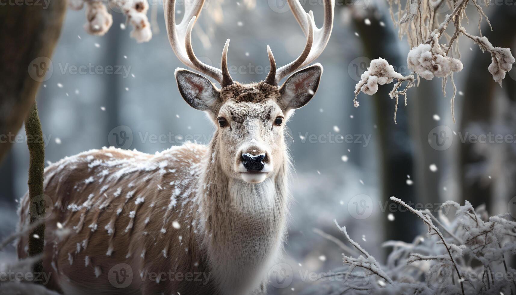 AI generated Close up portrait of a cute deer in snowy forest generated by AI photo