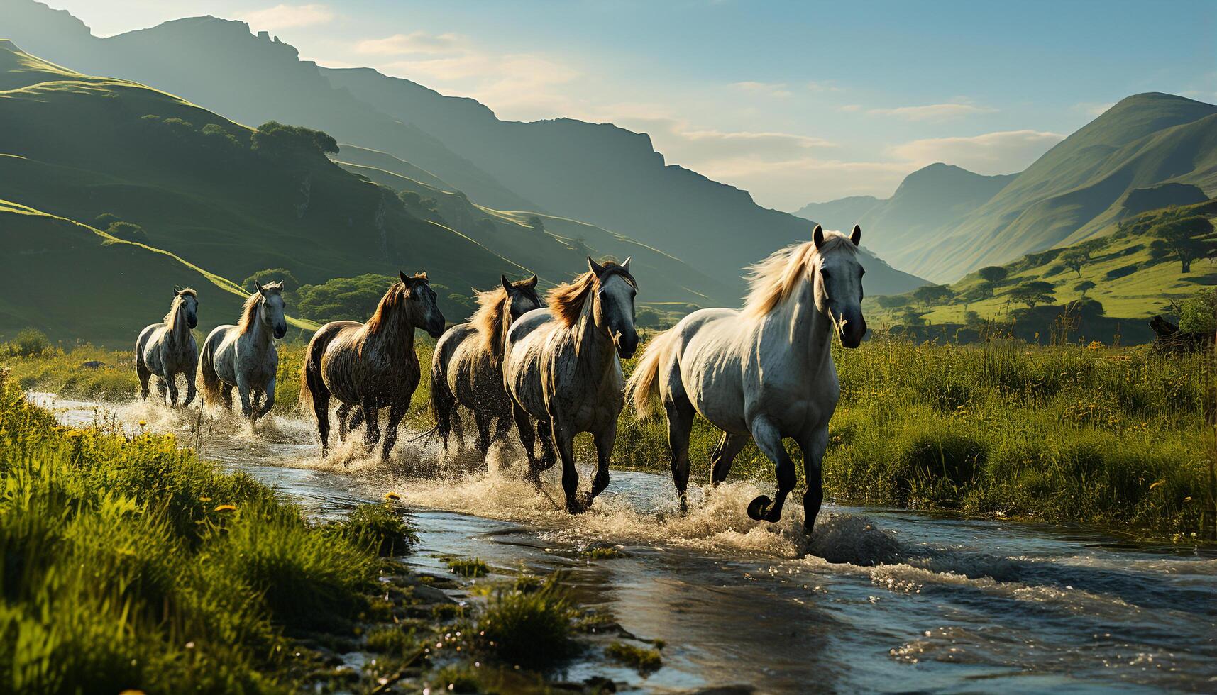 AI generated Horses grazing in meadow, mountains backdrop, tranquil nature scene generated by AI photo