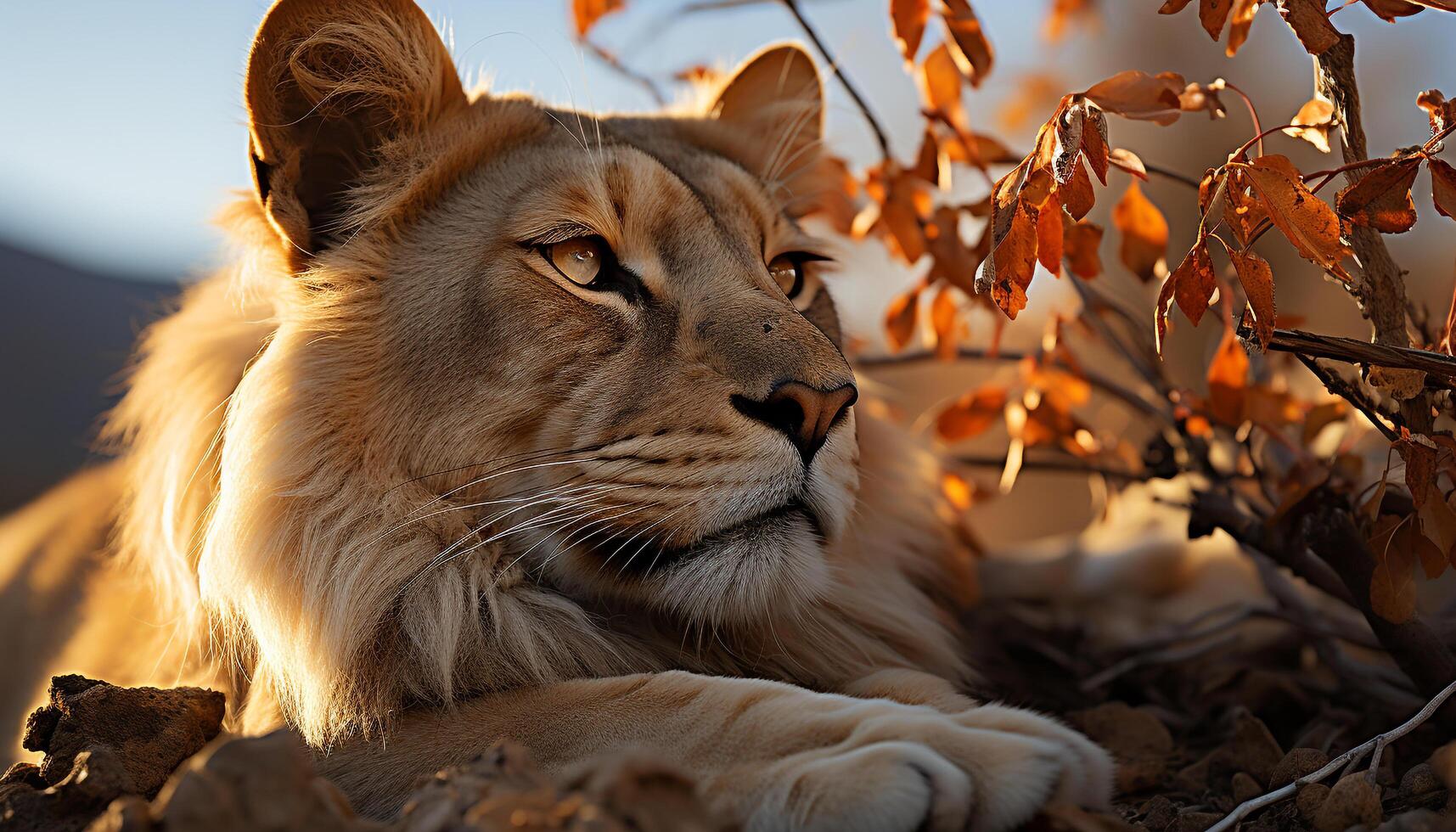 AI generated Majestic lion resting in tranquil savannah, looking at camera generated by AI photo