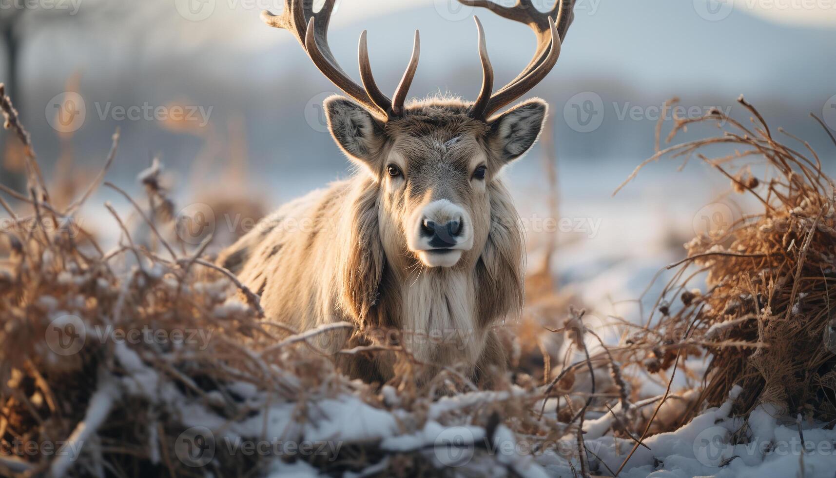 AI generated A cute stag grazes in a snowy meadow, surrounded by tranquility generated by AI photo