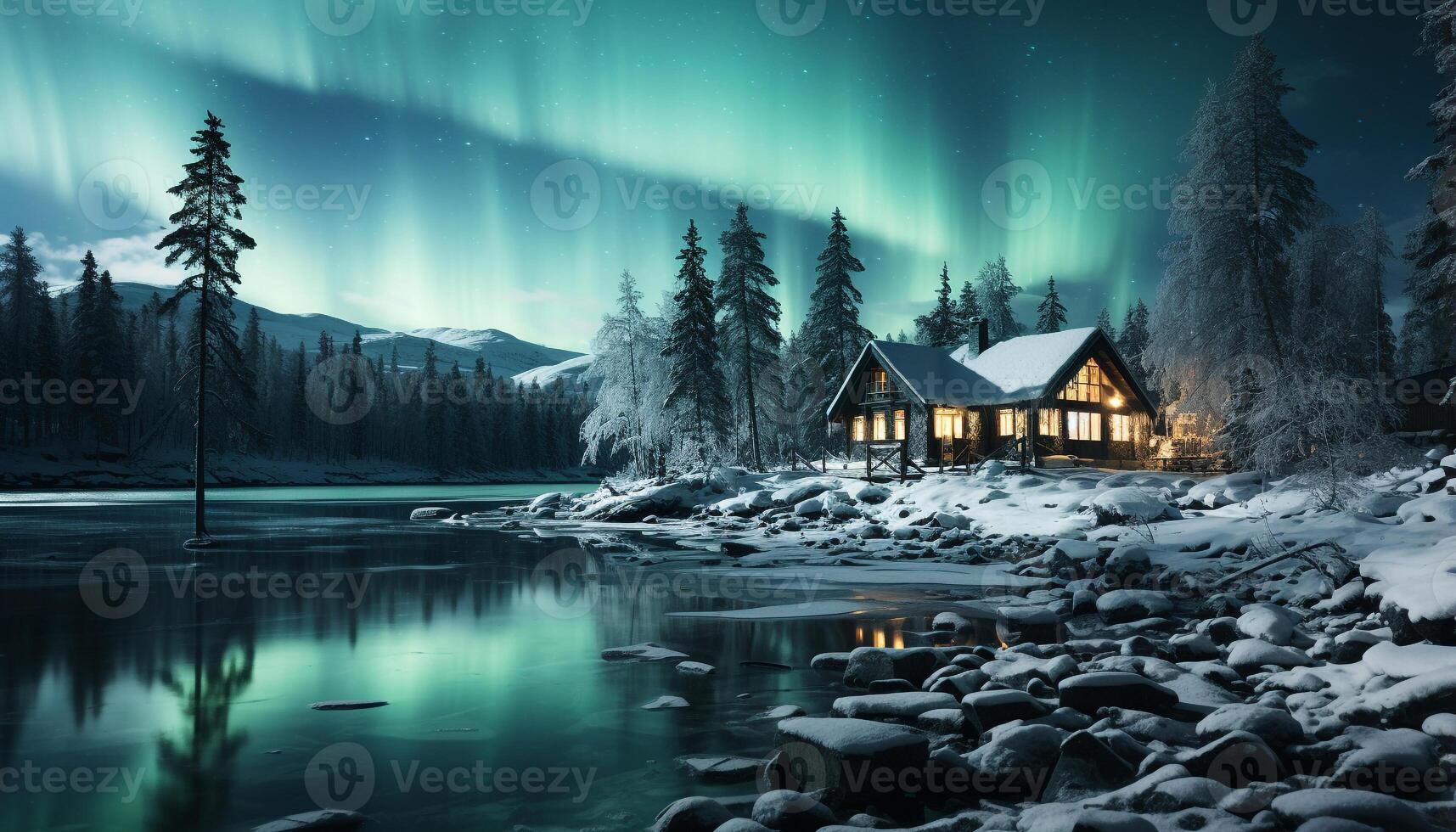 AI generated Winter night snow covered forest, tranquil scene, illuminated by milky way generated by AI photo