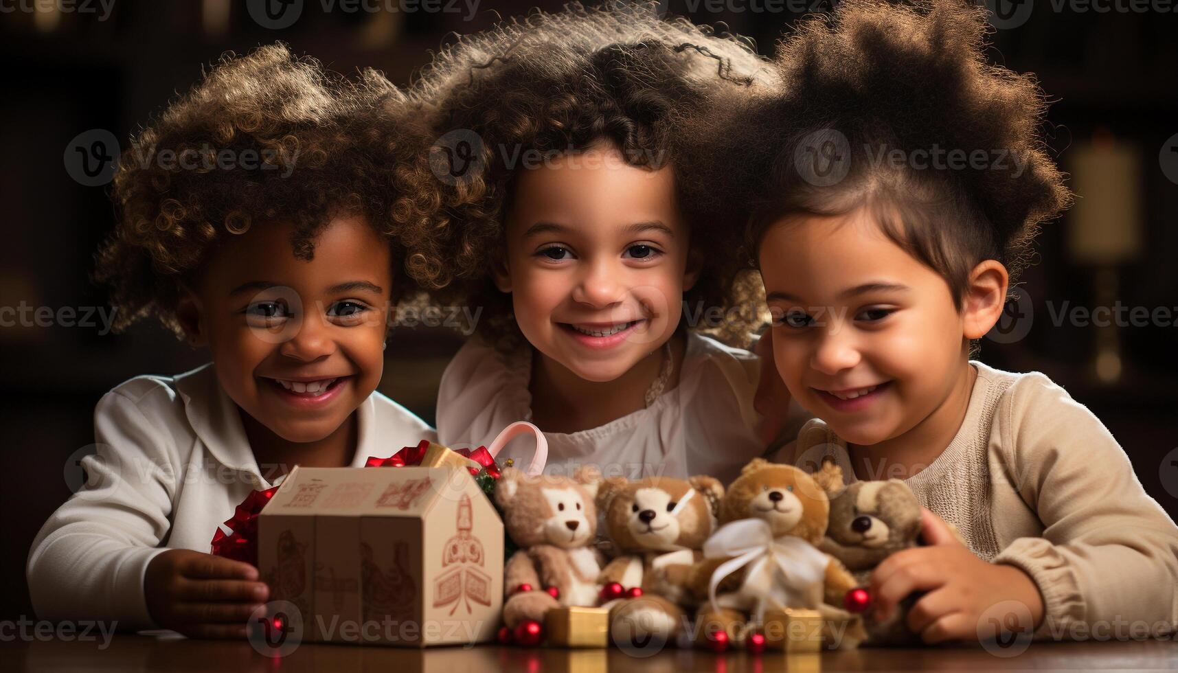 AI generated Smiling children playing, bonding, looking at camera, indoors, cheerful generated by AI photo