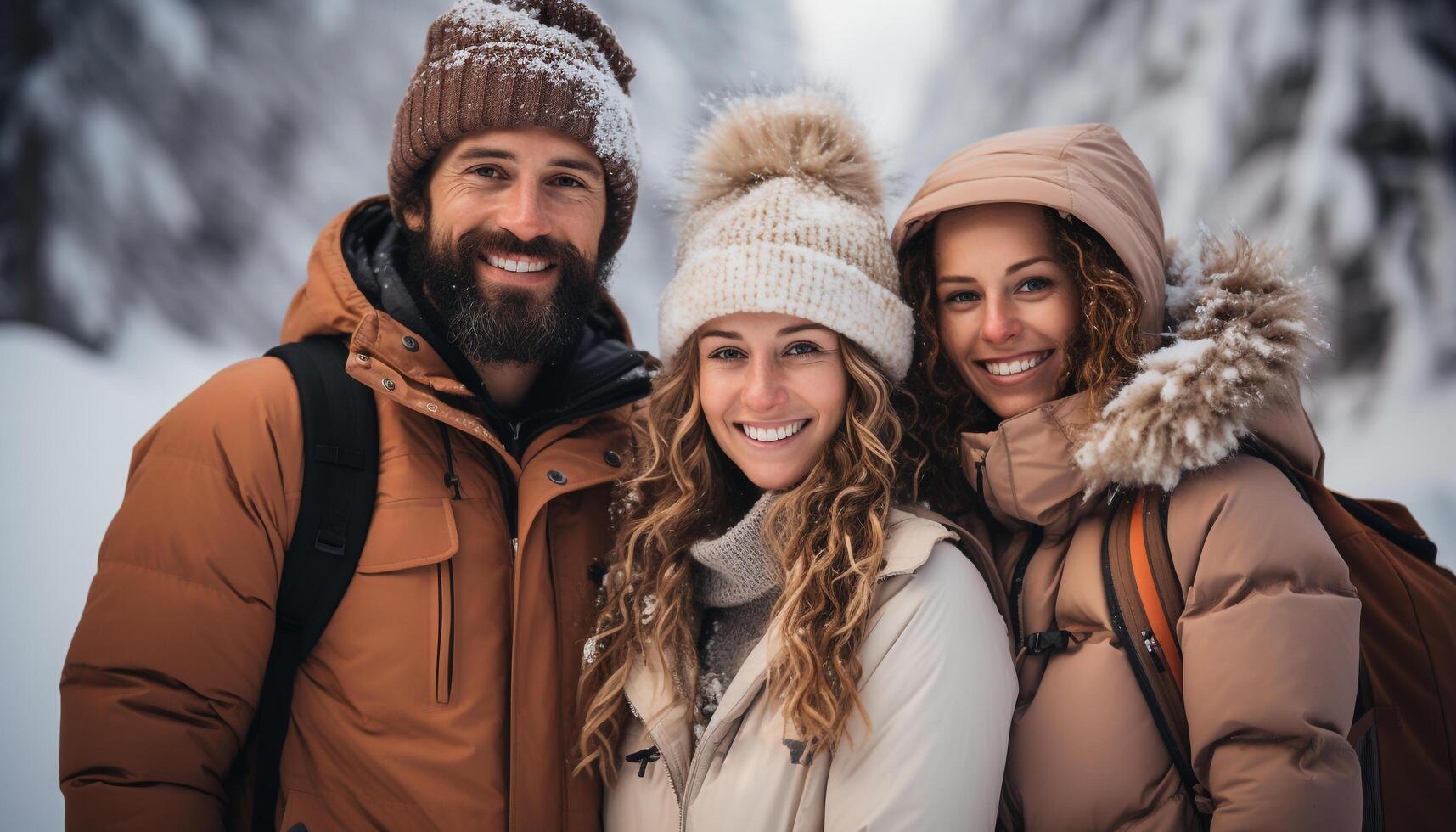 AI generated Smiling winter women and men, happiness outdoors, warm clothing generated by AI photo