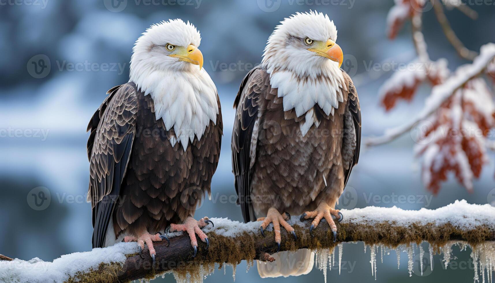 AI generated Majestic bald eagle perching on branch, close up of animal eye generated by AI photo