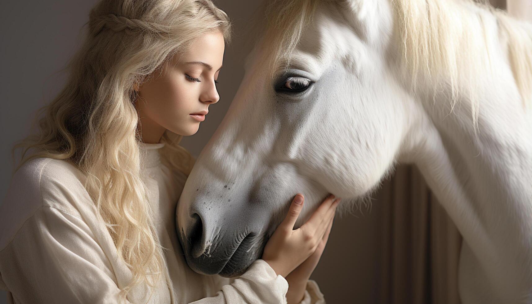AI generated A beautiful blond woman embraces a smiling horse outdoors generated by AI photo