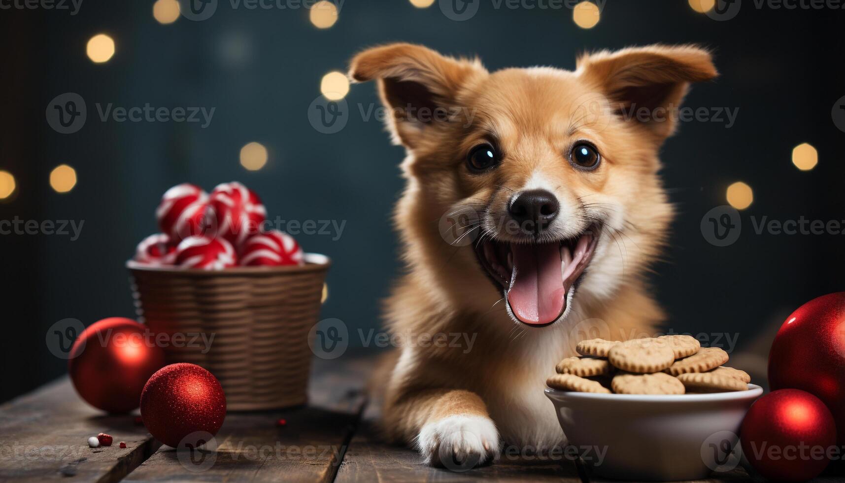 AI generated Cute puppy with gift looks at Christmas tree, smiling generated by AI photo