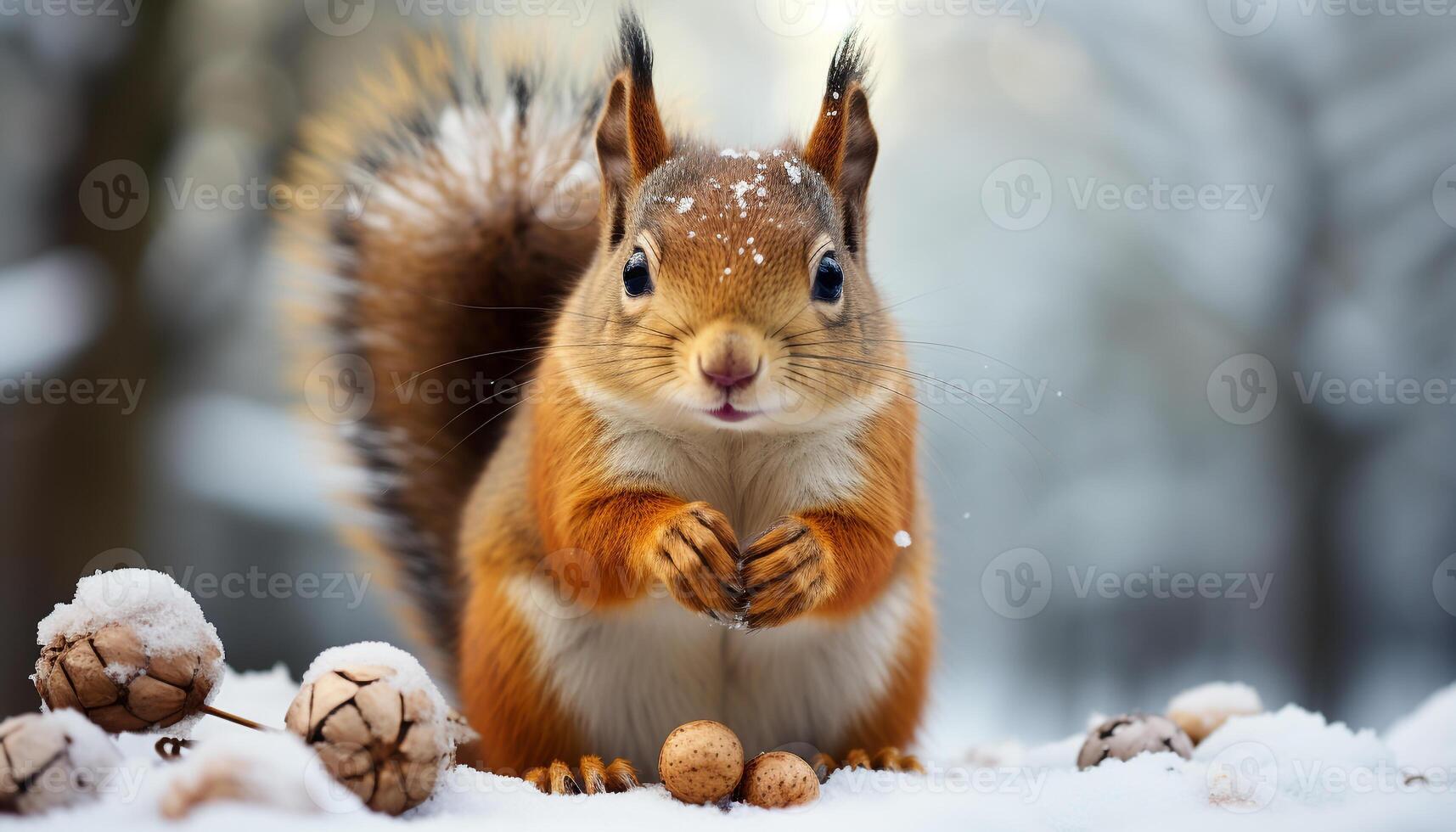 AI generated Cute fluffy rabbit sitting in snow, eating wood branch generated by AI photo