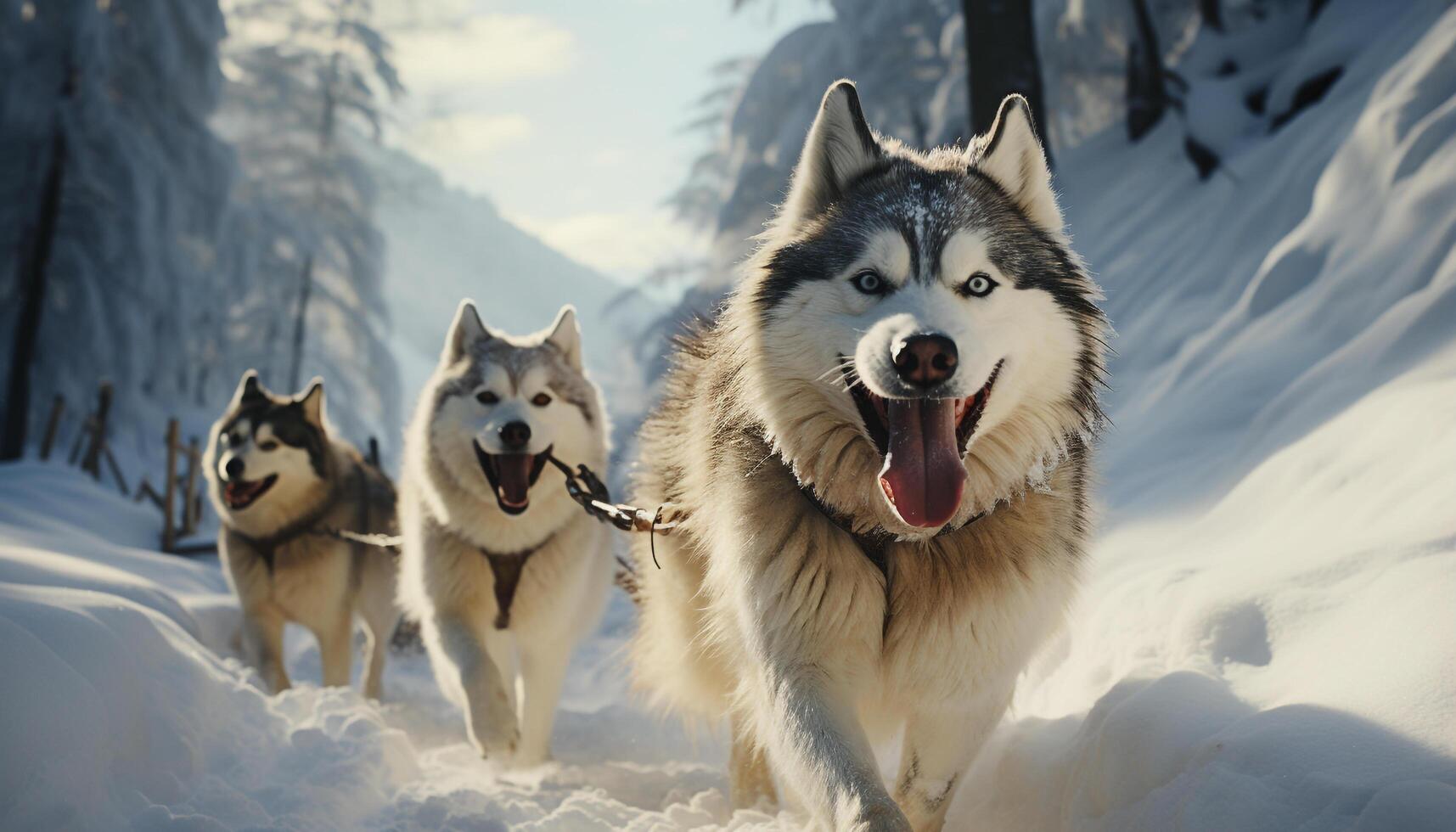 AI generated Running sled dogs in the winter, a purebred Malamute leads the pack generated by AI photo