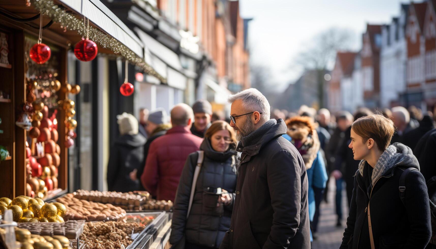 AI generated A diverse group of people enjoying winter shopping outdoors generated by AI photo