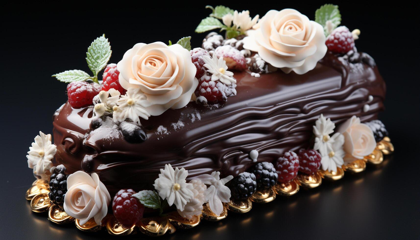 AI generated Homemade chocolate cake with whipped cream and fresh berries generated by AI photo