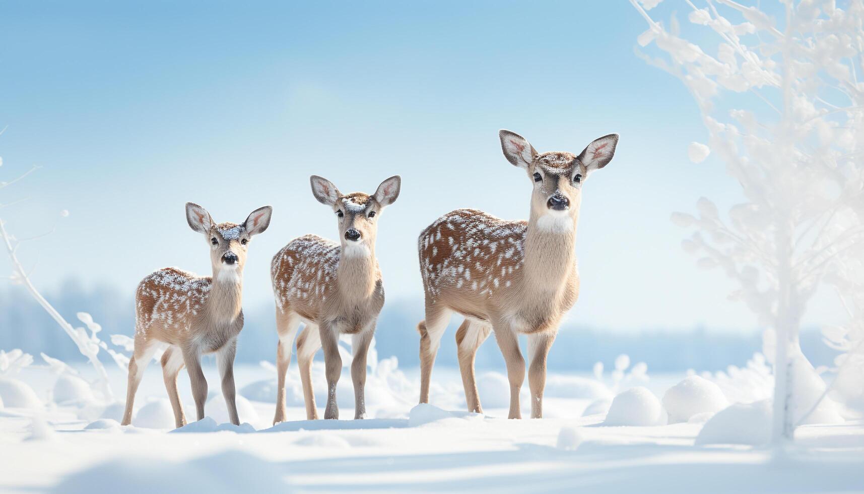 ai generado linda ciervo en pie en nieve, mirando a cámara en invierno generado por ai foto