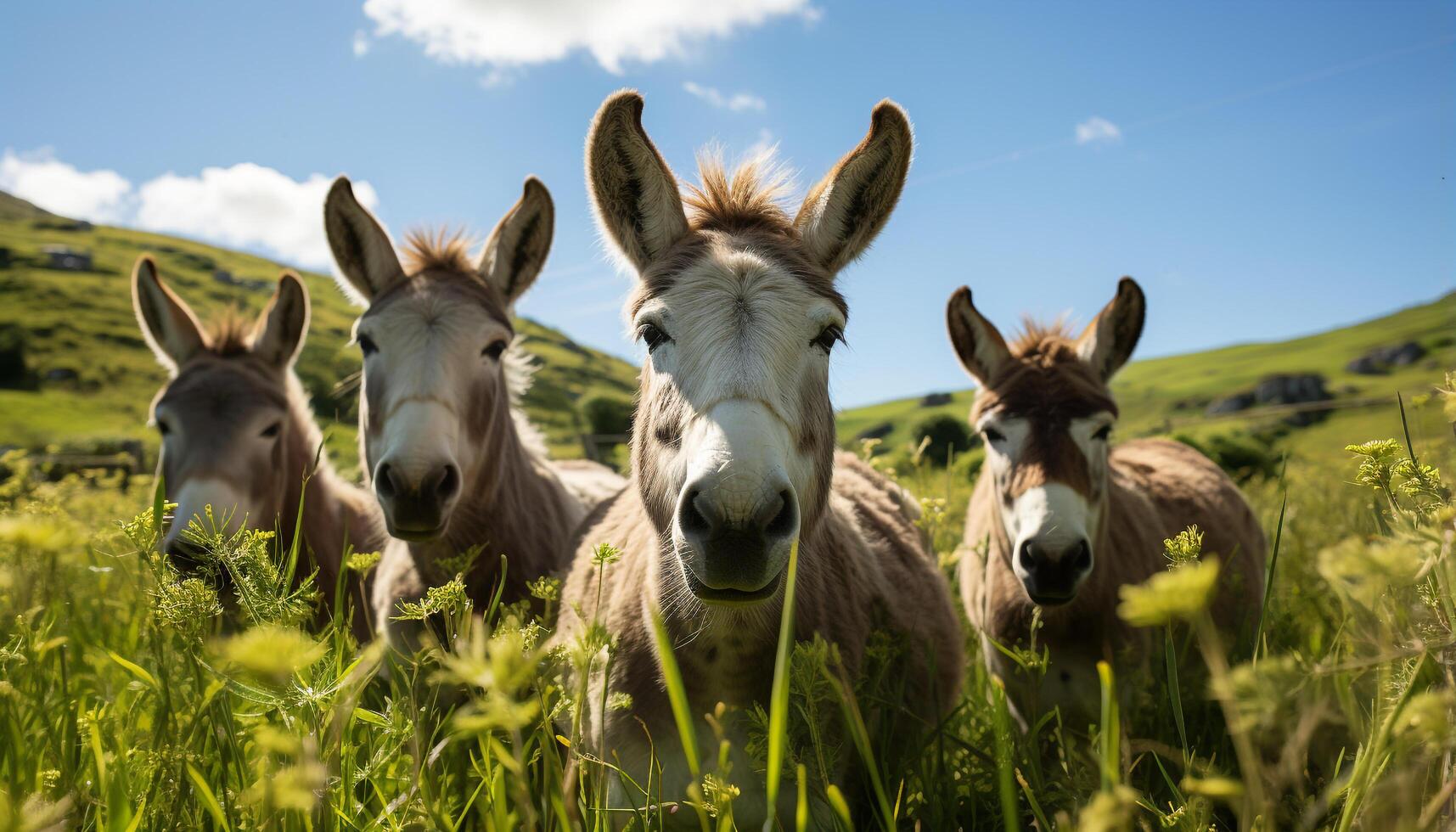 AI generated Cute donkey grazing in green meadow, surrounded by farm animals generated by AI photo