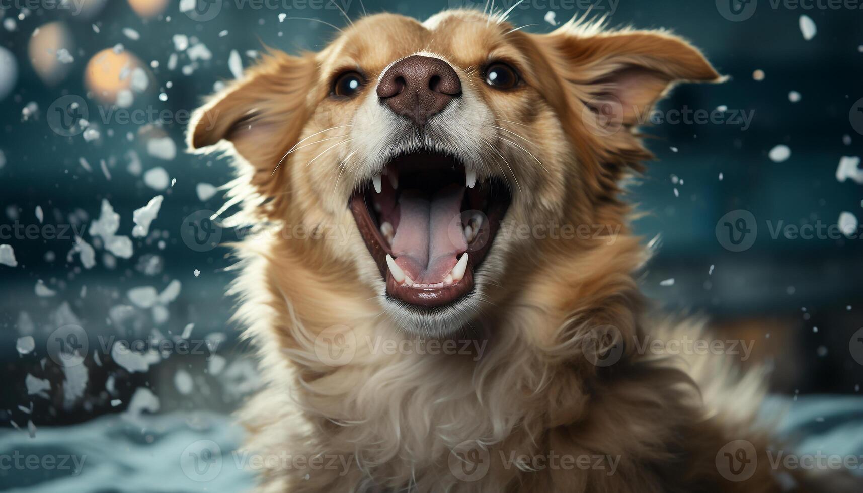 AI generated Cute puppy sitting in snow, tongue out, enjoying winter generated by AI photo