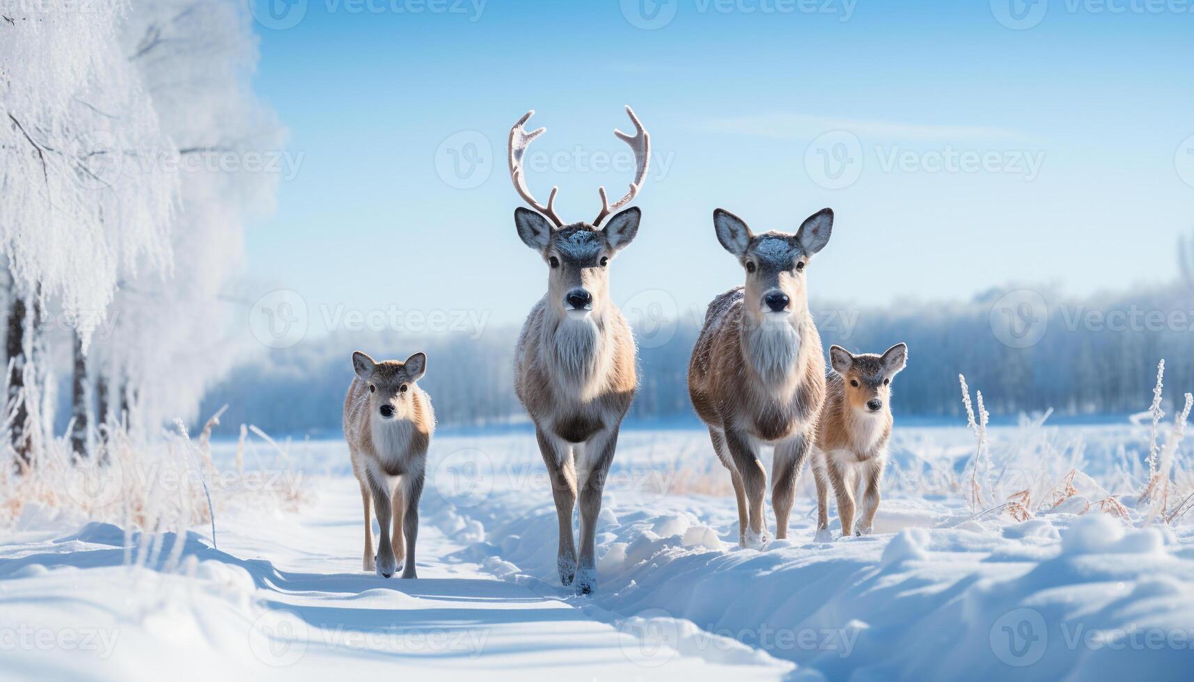 AI generated Cute deer standing in snowy forest, looking at camera generated by AI photo